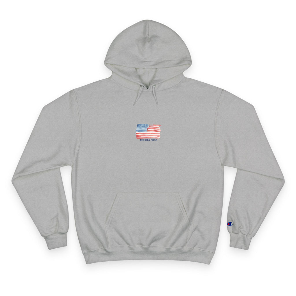 Women's Champion Hoodie (Gray) - American First with Vintage Distressed USA Flag Pullover
