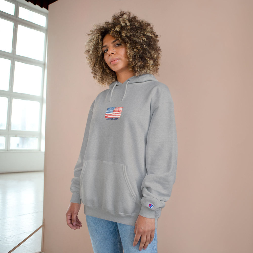 Women's Champion Hoodie (Gray) - American First with Vintage Distressed USA Flag Pullover