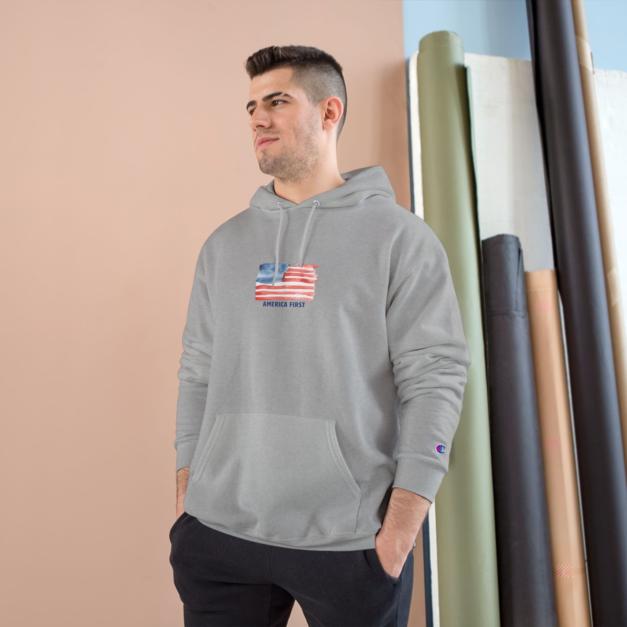 Men's Champion Hoodie (Gray) - America First with Vintage Distressed USA Flag Pullover