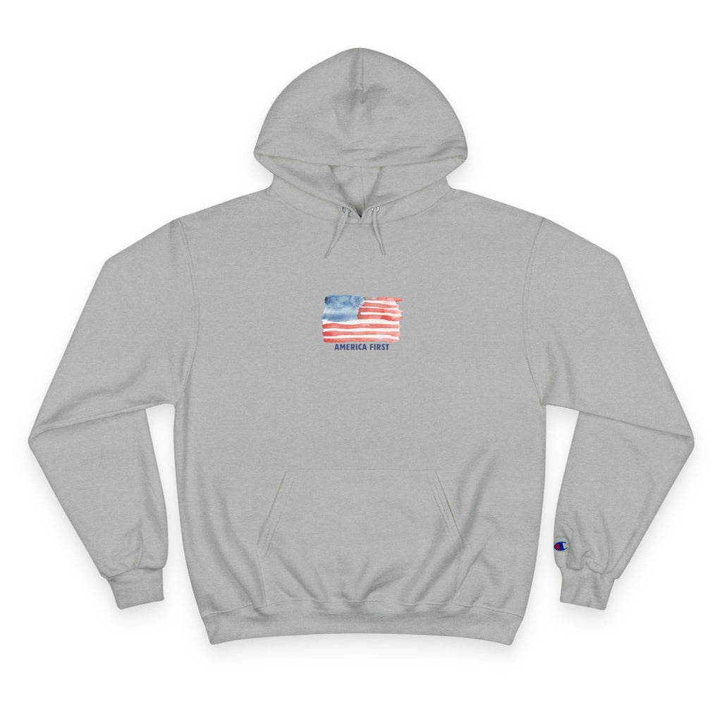 Men's Champion Hoodie (Gray) - America First with Vintage Distressed USA Flag Pullover