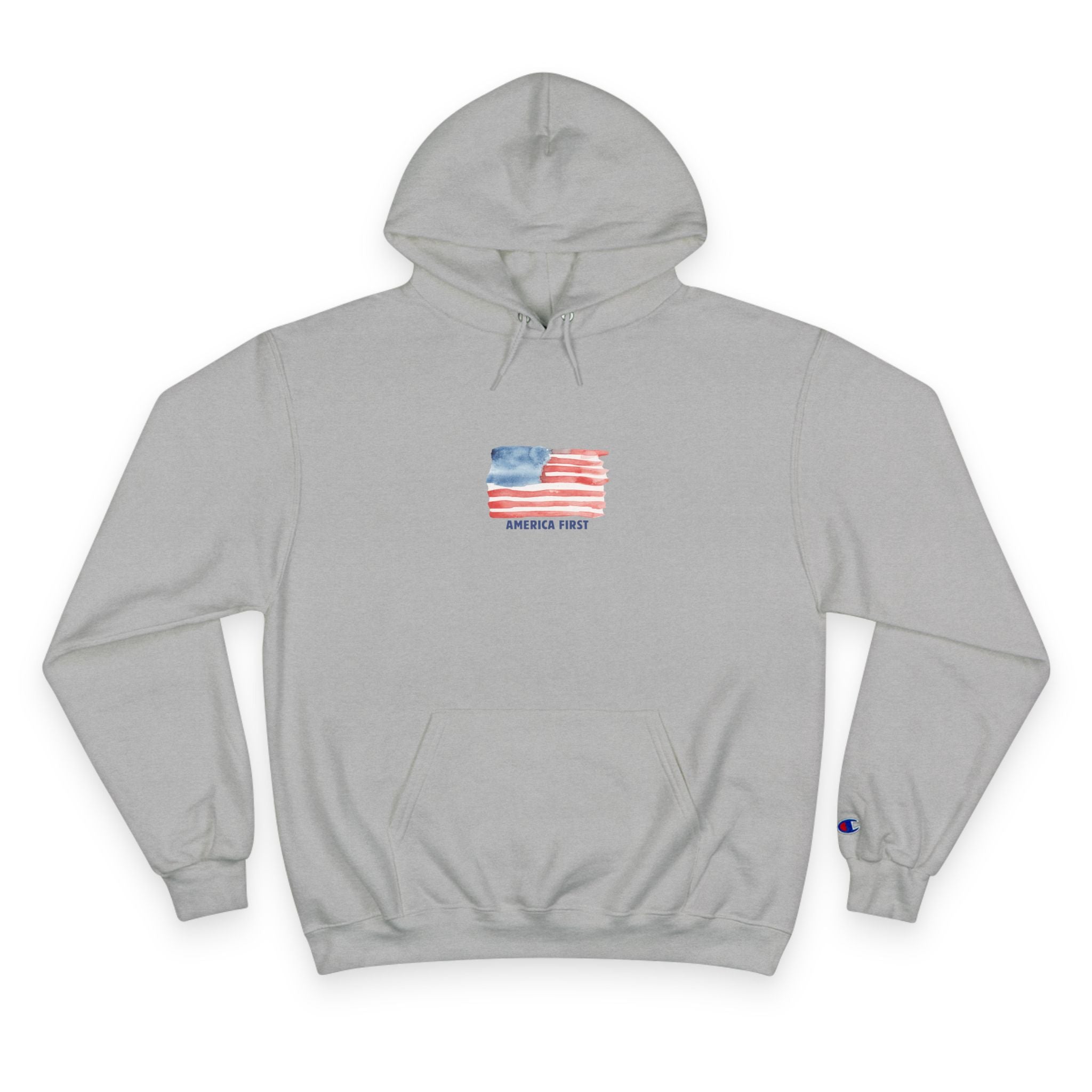 Men's Champion Hoodie (Gray) - America First with Vintage Distressed USA Flag Pullover