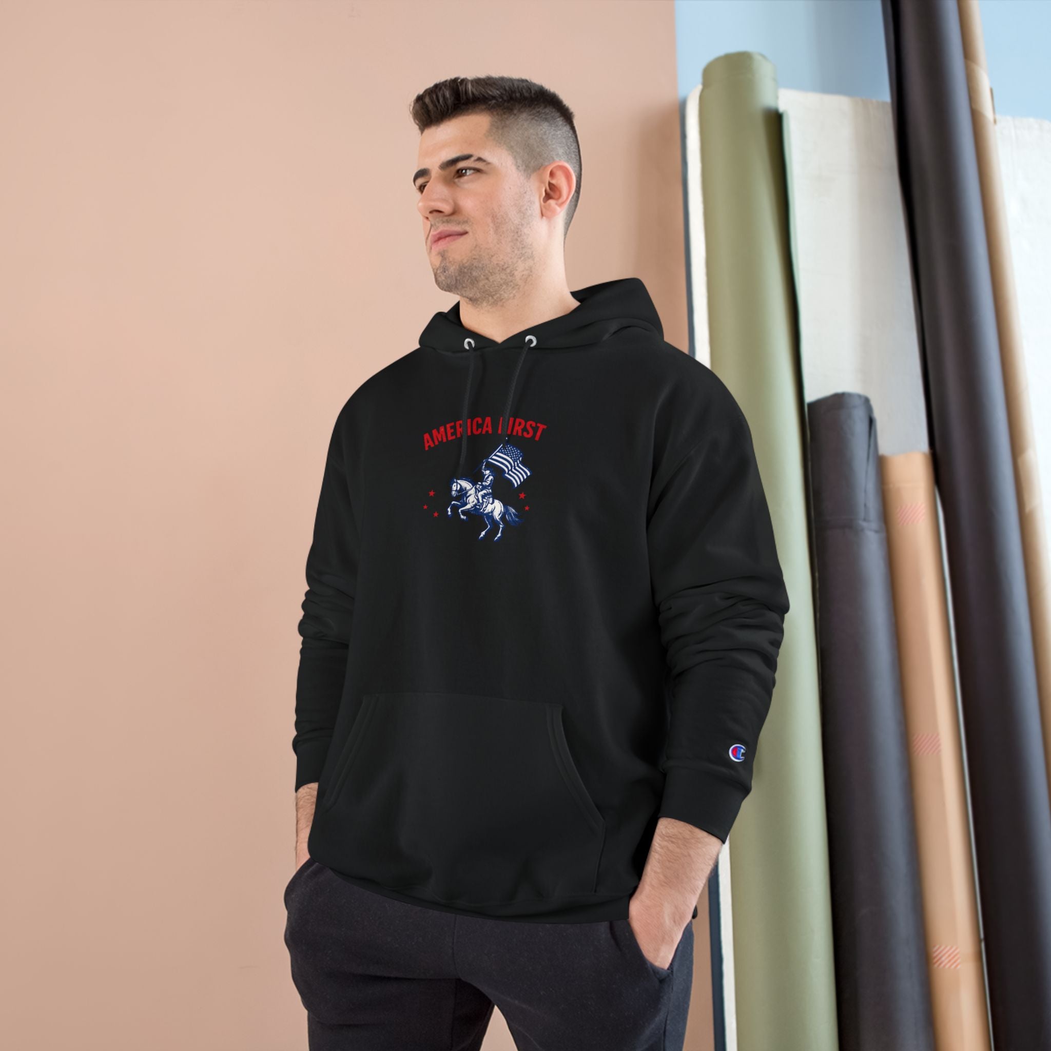 Men's Champion Hoodie - 'America First' Patriot Rider Pullover